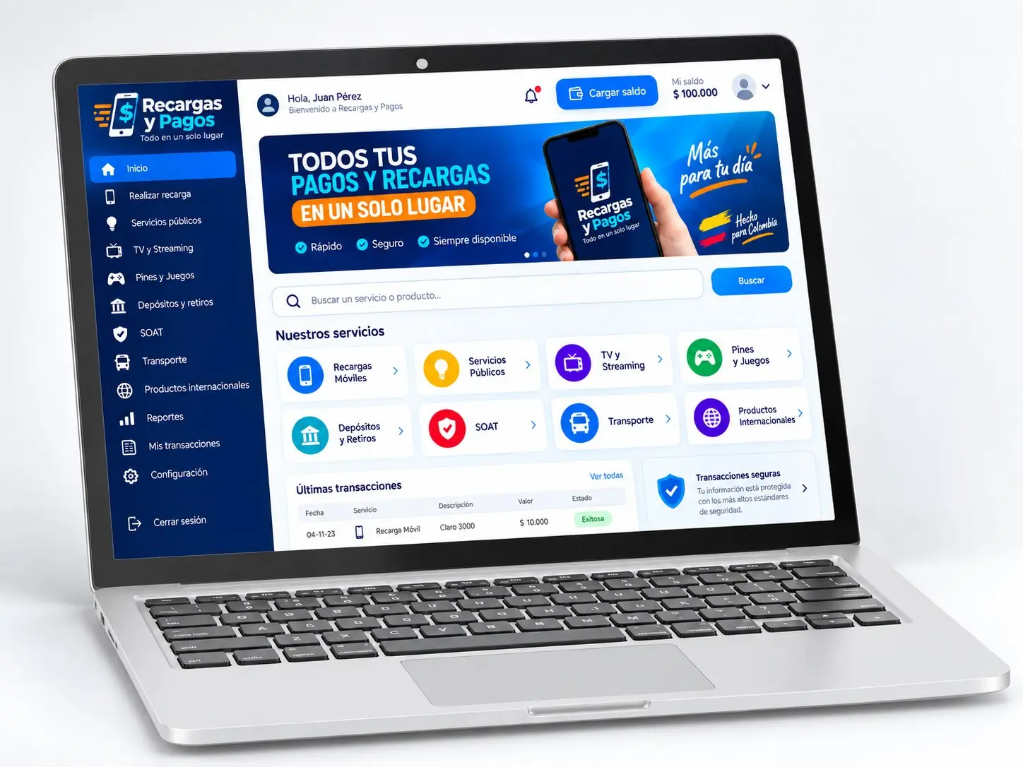 Plataforma de recargas y pagos abierta en un computador
